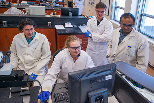 Researchers in Chemical Engineering’s QuSENS Lab test a microfluidic diagnostic device for the screening of illicit drugs