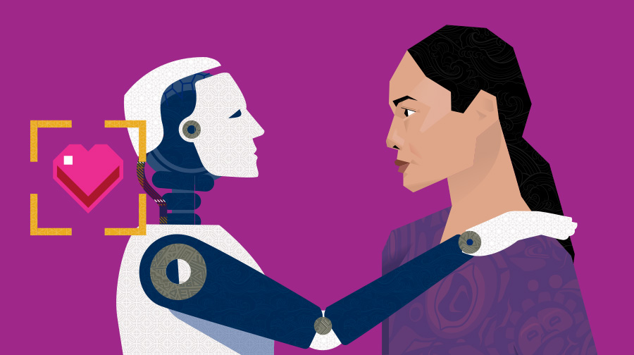 robot embracing female human with heart floating next to it