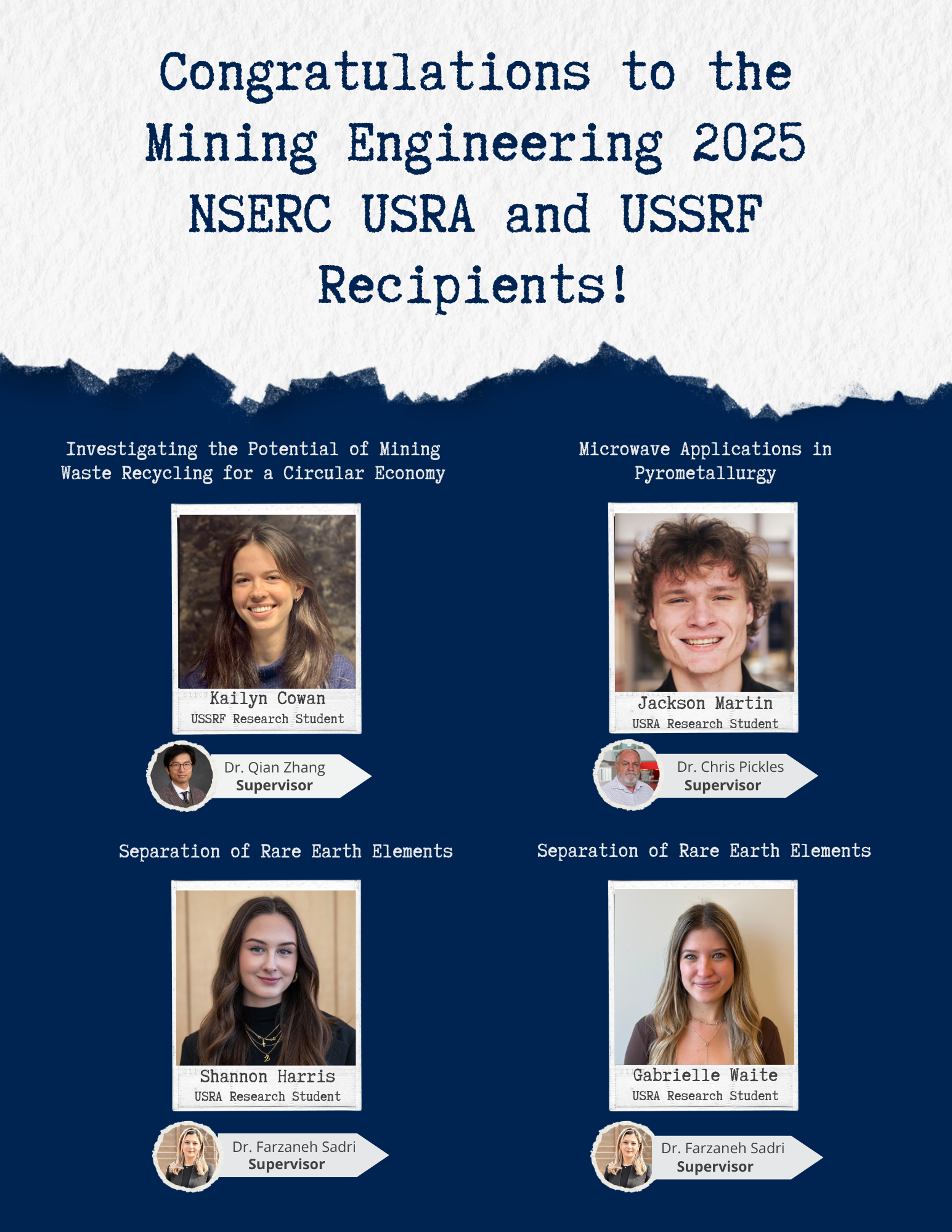 Winners NSERC USRA and USSRF