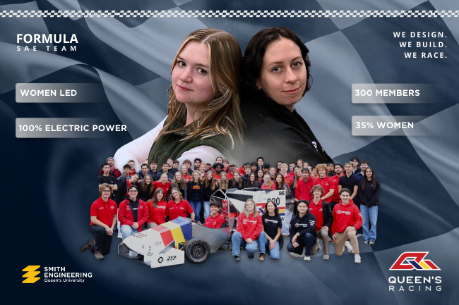 image of students in a group around their car, surmounted by the two team captains. There are stats in on the side 